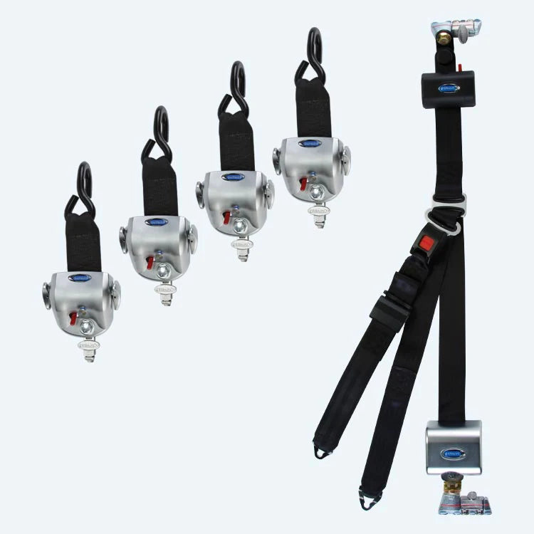 Q'Straint 4 QRT-360 Retractors with L-Track Fittings and HR131 Retractable Lap & Shoulder Belt with Retractable L-Track Height Adjuster and 131º Bracket | Q-10014